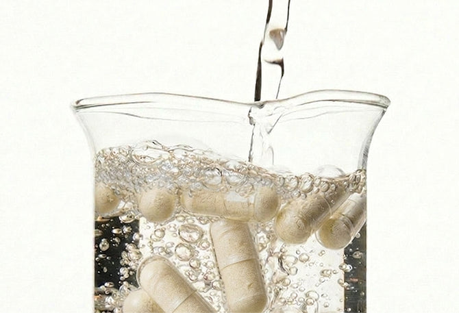 Digestive enzyme capsules suspended in bubbling liquid inside a laboratory beaker with a white background.
