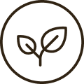Circular icon with two leaves inside, symbolizing nature, sustainability, and vegan product.