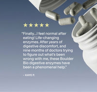 Five-star customer review from Kaye P. describing improved comfort after eating with BoulderBio digestive enzymes.