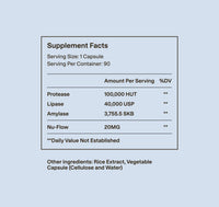 Supplement Facts: protease 100,000 HUT, lipase 40,000 USP, amylase 3,755.5 SKB and 20 mg Nu-Flow.